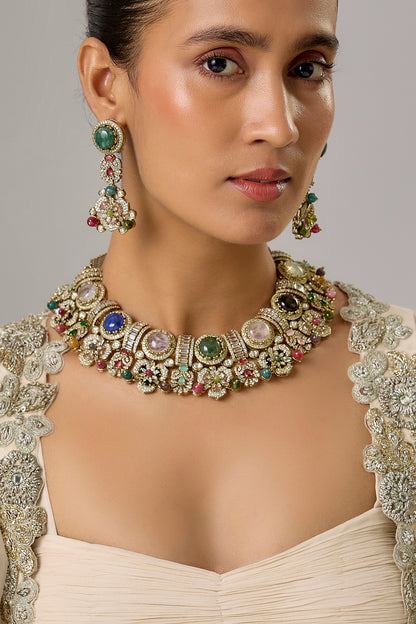 Gold Finish Multi-Colored Stone & Pearl Choker Necklace Set