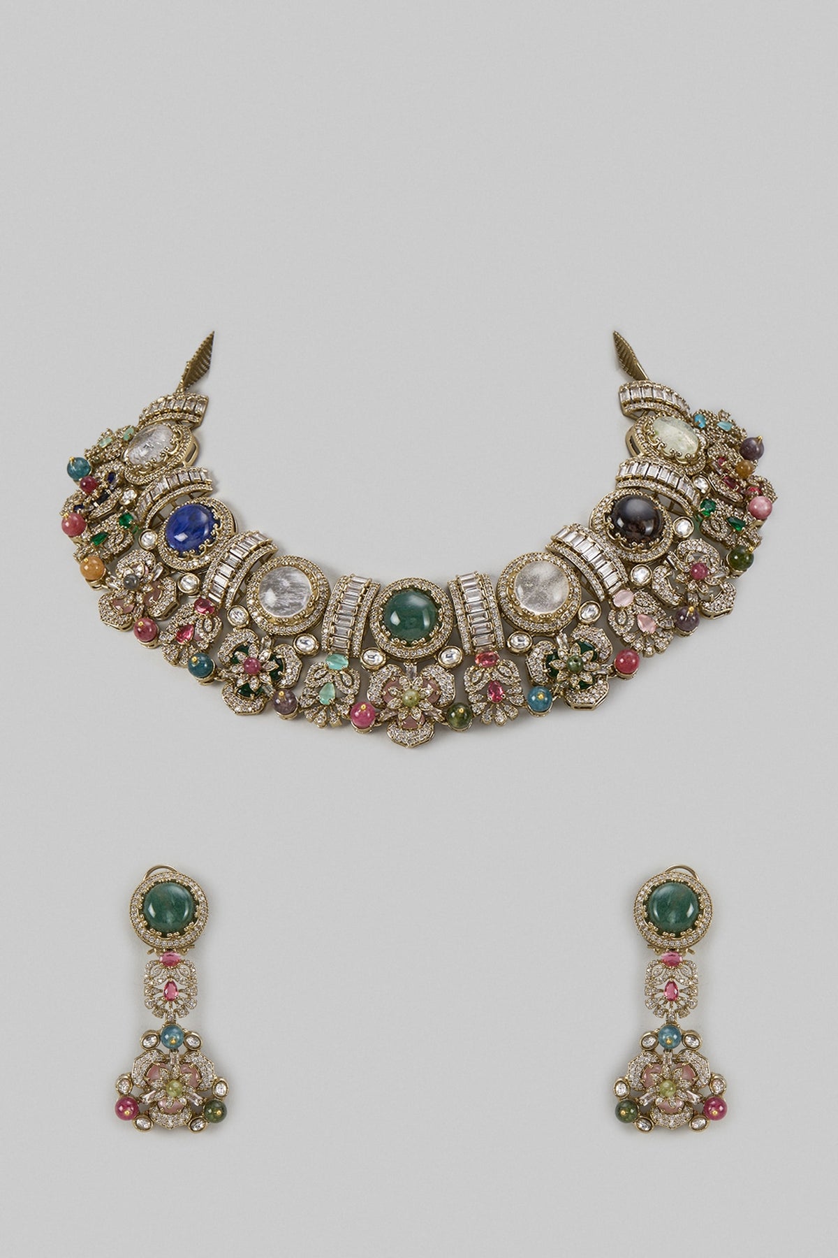 Gold Finish Multi-Colored Stone & Pearl Choker Necklace Set
