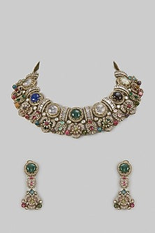 Gold Finish Multi-Colored Stone & Pearl Choker Necklace Set