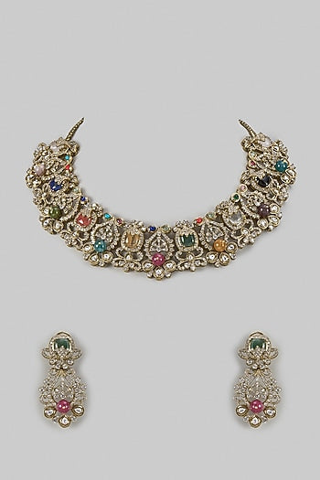 Gold Finish Multi-Colored Stone & Pearl Choker Necklace Set