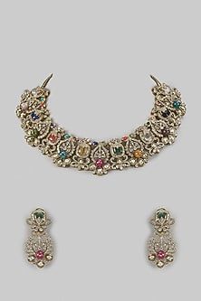 Gold Finish Multi-Colored Stone & Pearl Choker Necklace Set