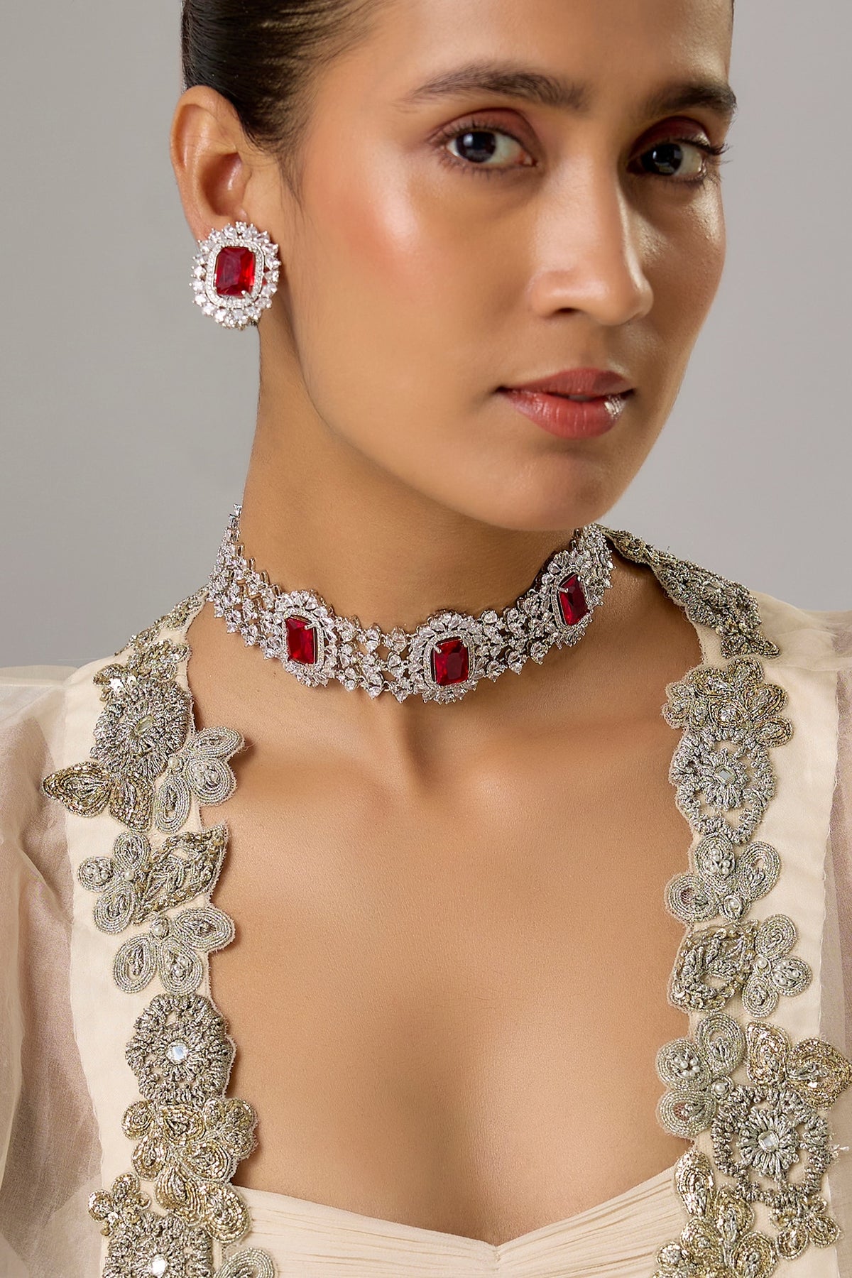 White Finish Ruby & Zircon Choker Necklace Set