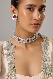 White Finish Ruby & Zircon Choker Necklace Set