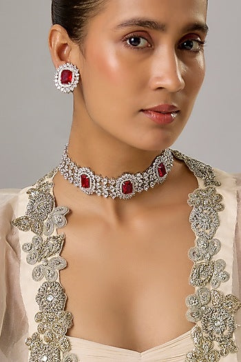 White Finish Ruby & Zircon Choker Necklace Set