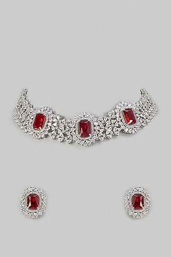 White Finish Ruby & Zircon Choker Necklace Set