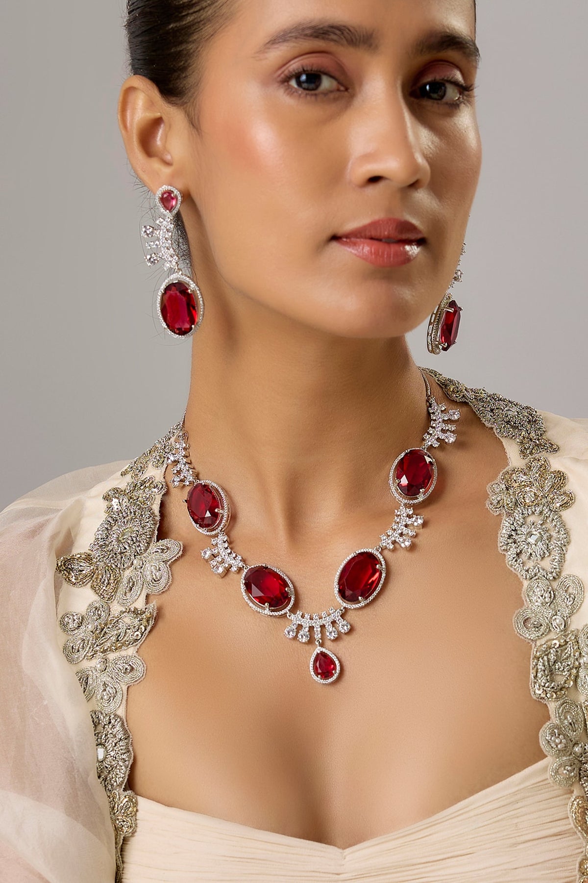 White Finish Ruby & Zircon Necklace Set