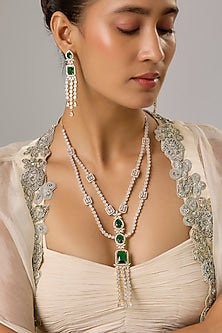 Gold Finish Emerald Stone & Zircon Layered Necklace Set