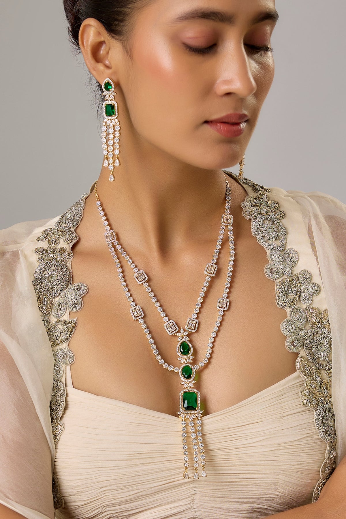 Gold Finish Emerald Stone & Zircon Layered Necklace Set