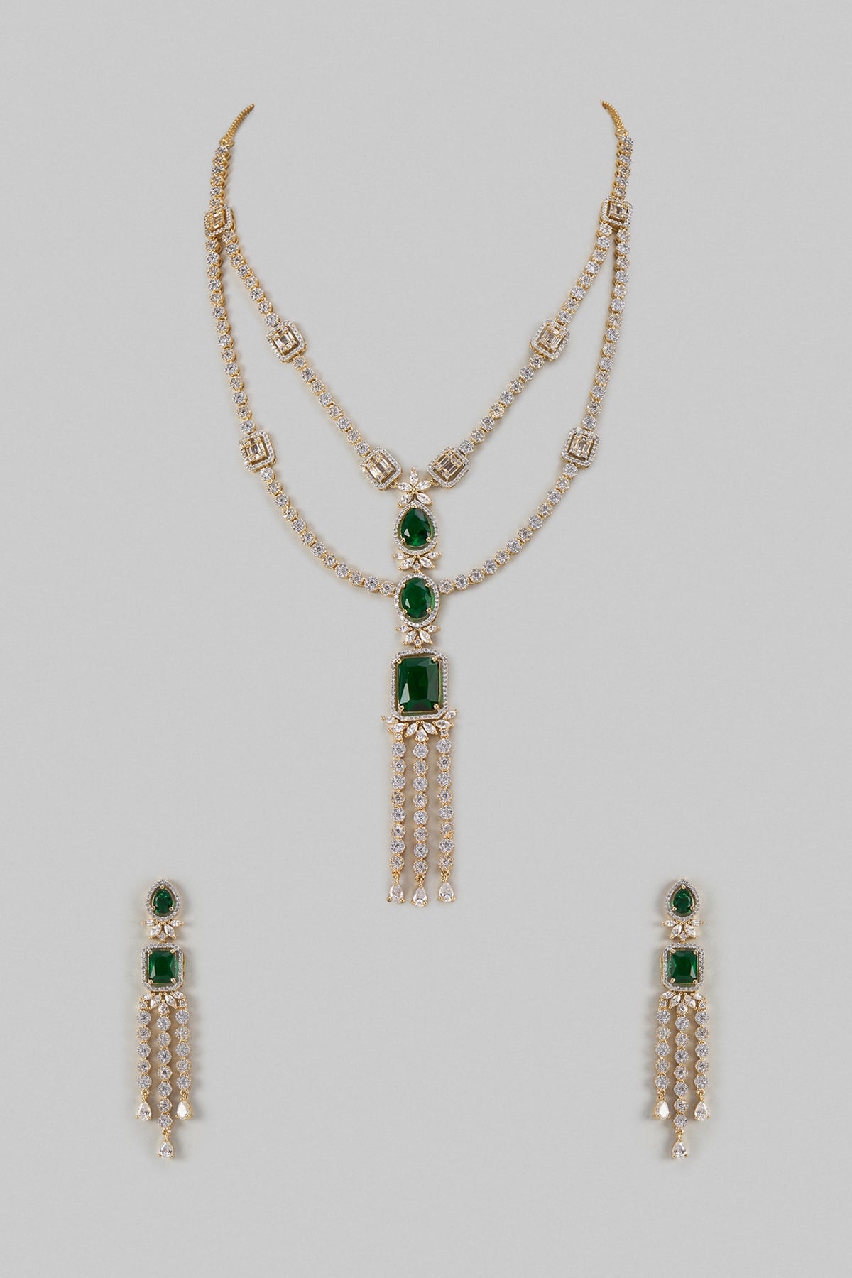 Gold Finish Emerald Stone & Zircon Layered Necklace Set