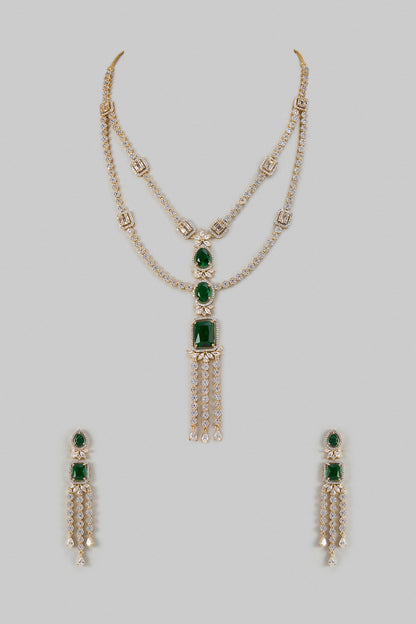 Gold Finish Emerald Stone & Zircon Layered Necklace Set