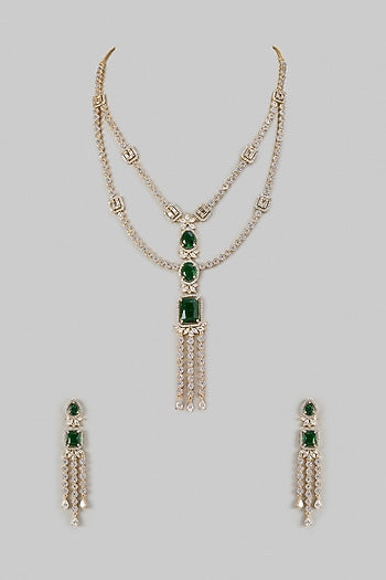 Gold Finish Emerald Stone & Zircon Layered Necklace Set