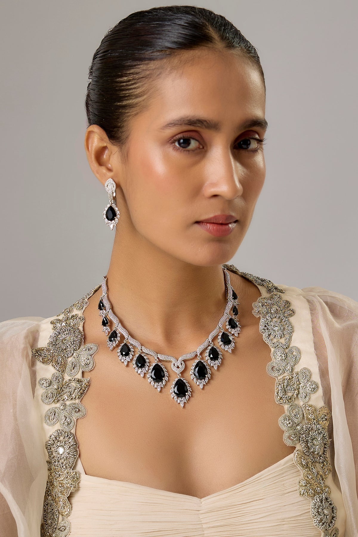 White Finish Amethyst & Zircon Necklace Set