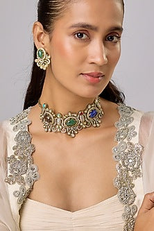 Gold Finish Multi-Colored Stone & Zircon Choker Necklace Set