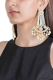 Gold Finish Kundan & Pearl Long Earrings