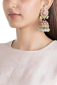 Gold Finish Kundan & Pearl Jhumka Earrings
