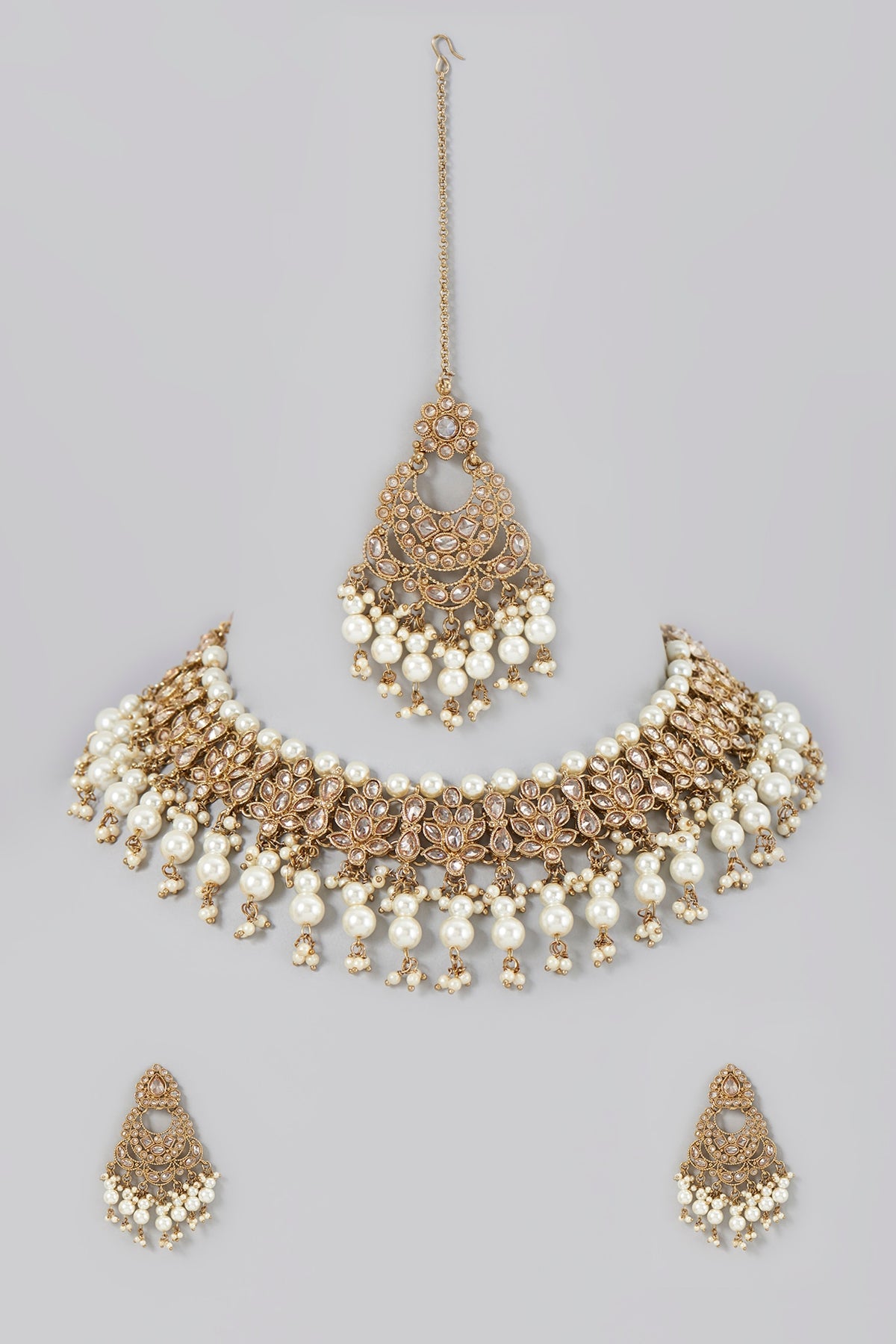 Gold Finish Kundan Polki & Pearls Necklace Set