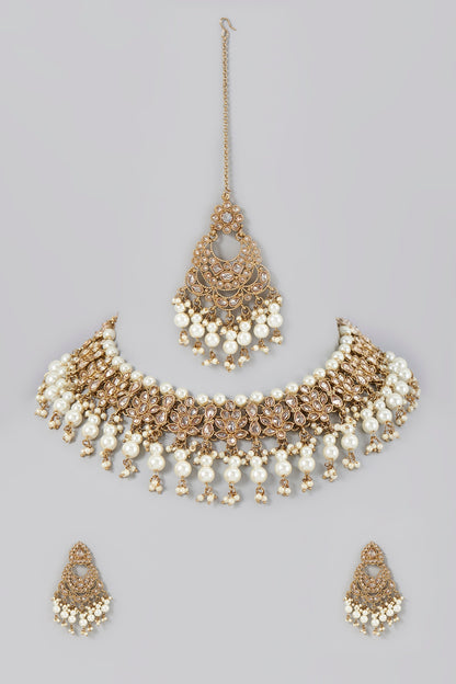 Gold Finish Kundan Polki & Pearls Necklace Set