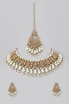 Gold Finish Kundan Polki & Pearls Necklace Set