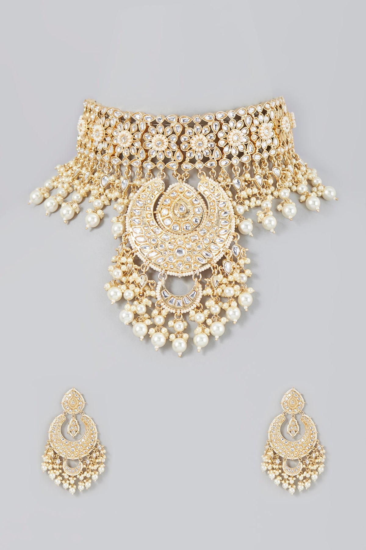 Gold Finish Necklace Set With Kundan Polki