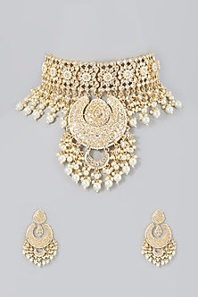 Gold Finish Necklace Set With Kundan Polki
