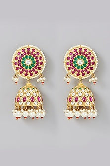 Gold Finish Kundan Polki & Red Stone Jhumka Earrings