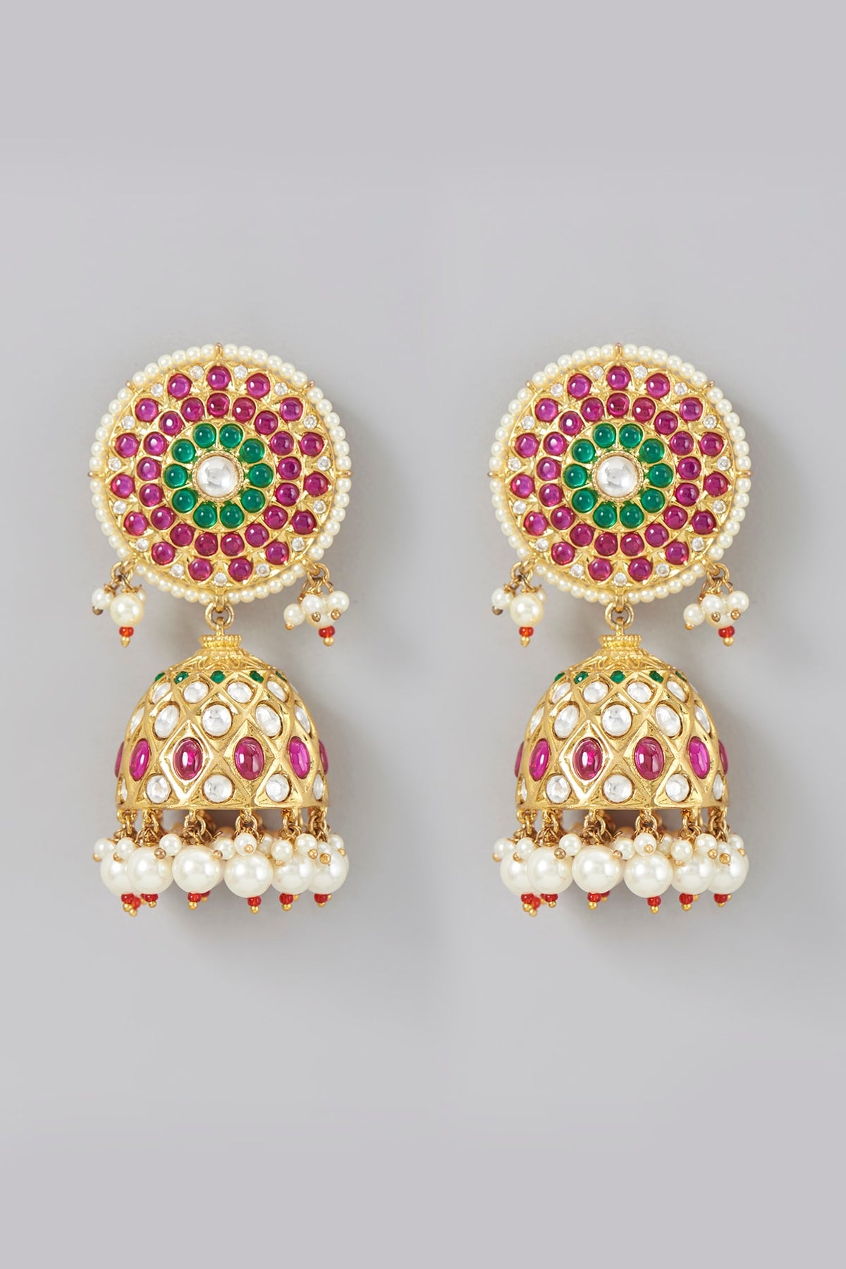 Gold Finish Kundan Polki & Red Stone Jhumka Earrings