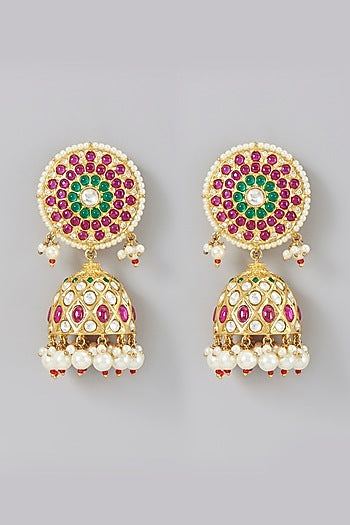 Gold Finish Kundan Polki & Red Stone Jhumka Earrings