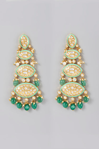 Gold Finish Kundaan Polki & Pearls Dangler Earrings