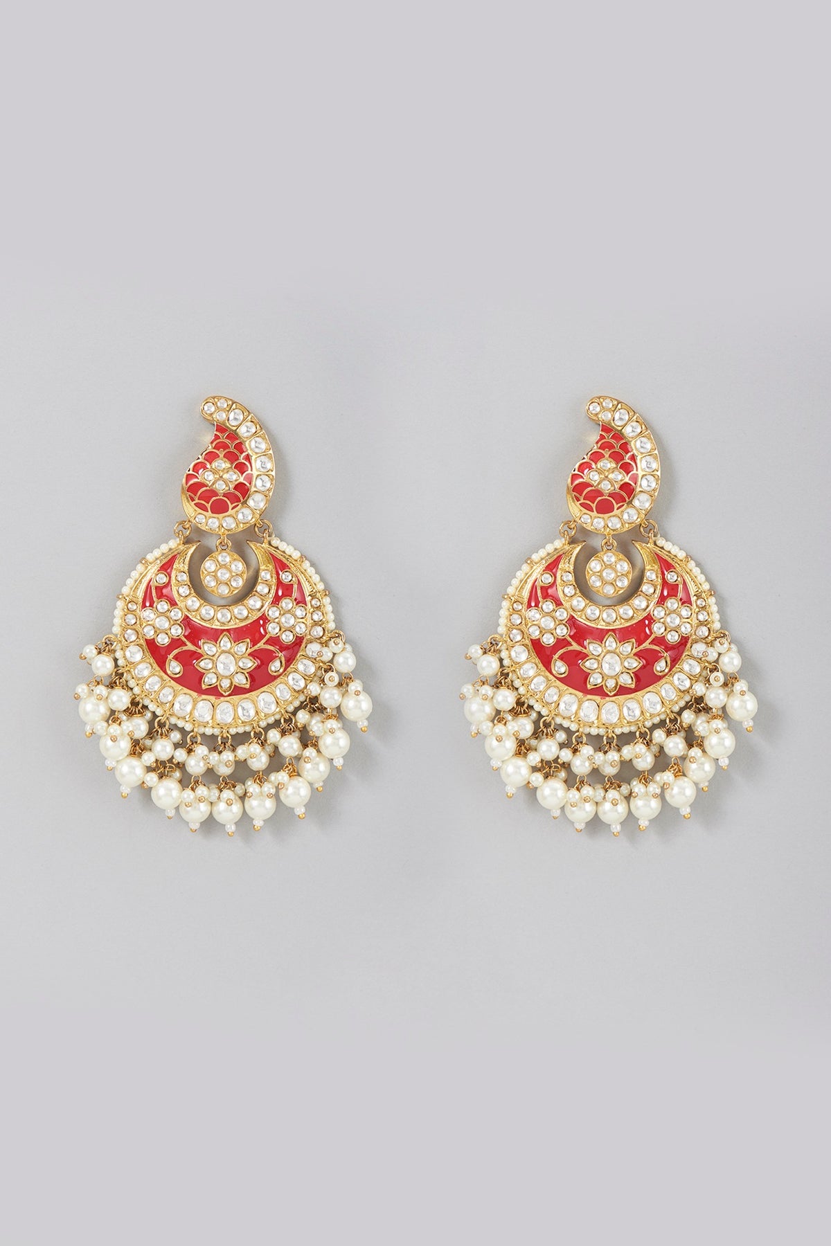 Gold Finish Red Meenakari Chandbali Earrings