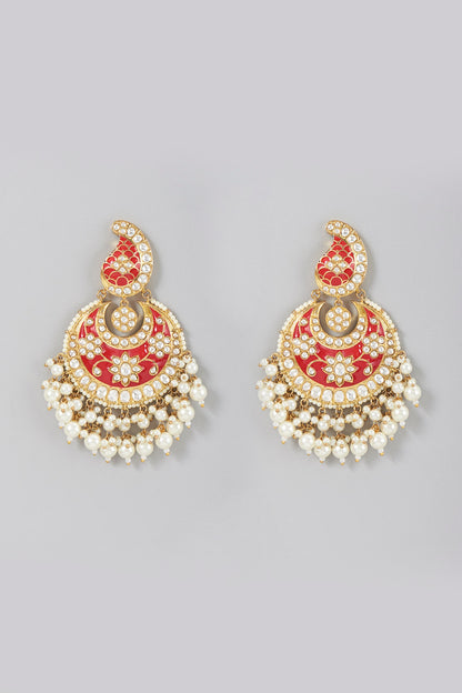 Gold Finish Red Meenakari Chandbali Earrings