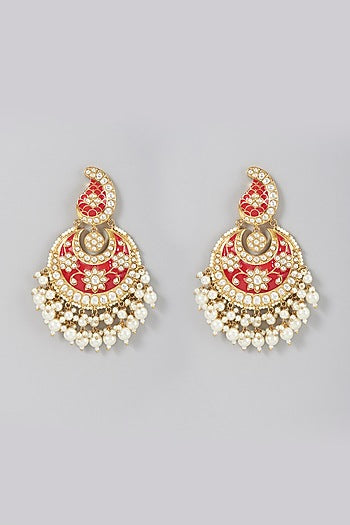 Gold Finish Red Meenakari Chandbali Earrings