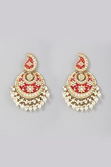 Gold Finish Red Meenakari Chandbali Earrings
