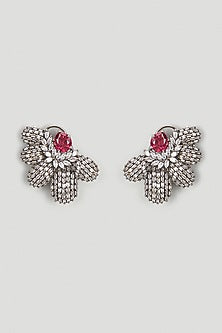 Black Rhodium Finish Ruby Stone & Zircon Stud Earrings