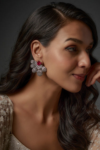 Black Rhodium Finish Ruby Stone & Zircon Stud Earrings