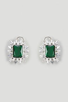 White Finish Emerald Stone & Zircon Stud Earrings