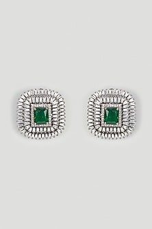 Black Rhodium Finish Emerald Stone & Zircon Stud Earrings