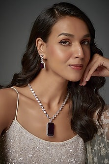 White Finish Amethyst Stone & Zircon Long Necklace Set