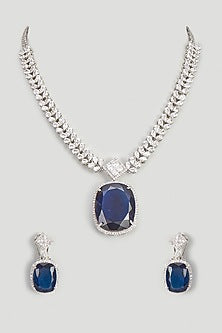 White Finish Blue Stone & Zircon Long Necklace Set