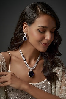 White Finish Blue Stone & Zircon Long Necklace Set