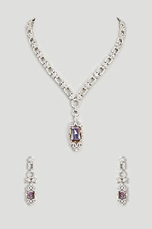 White Finish Champagne Stone & Zircon Long Necklace Set