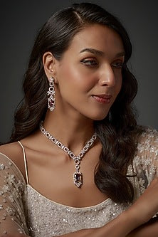 White Finish Champagne Stone & Zircon Long Necklace Set