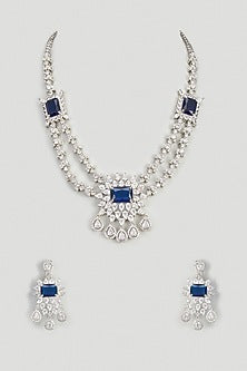 White Finish Blue Stone & Zircon Long Necklace Set
