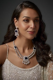White Finish Blue Stone & Zircon Long Necklace Set
