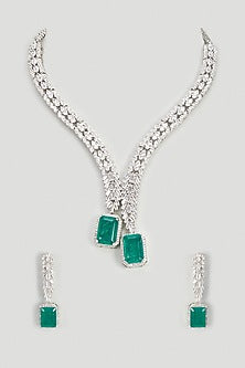 White Finish Emerald Stone & Zircon Long Necklace Set