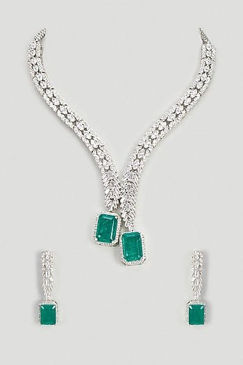 White Finish Emerald Stone & Zircon Long Necklace Set
