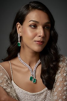 White Finish Emerald Stone & Zircon Long Necklace Set
