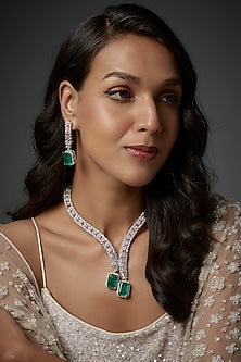 White Finish Emerald Stone & Zircon Long Necklace Set