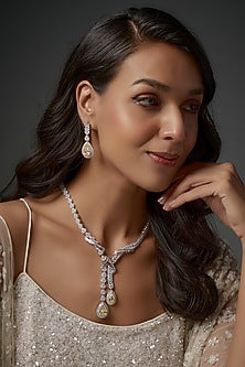 White Finish Yellow Sapphire Stone & Zircon Long Necklace Set