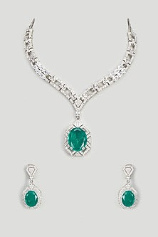 White Finish Emerald Stone & Zircon Long Necklace Set