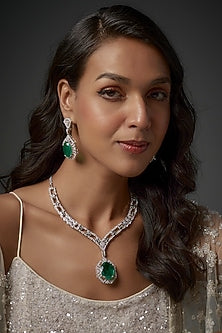 White Finish Emerald Stone & Zircon Long Necklace Set